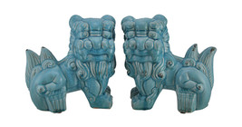 Scratch &amp; Dent Set of 2 Blue Ceramic Vintage Finish Foo Dog Statues - $59.39