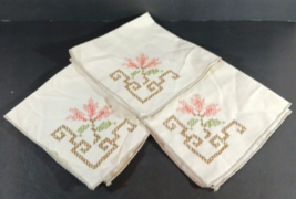 Vintage Lot Of 3 IVORY CROSSTITCH Fabric DINNER NAPKINS Set Approx 16&quot; S... - £15.01 GBP