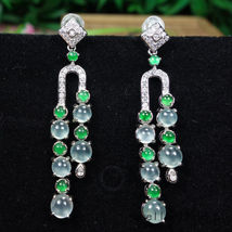 Certified Icy white+Green 高冰种Burma 100% Natural A jadeite Jade Earring silver 耳坠 - £307.56 GBP