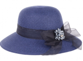 Blue Flower Black Bow Paper Golf Tennis Beach Women&#39;s Sun Hat - Navy Blue - £31.63 GBP