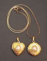 Pendant LOT of 2 Pearly Etched Lockets with 15&quot; Gold Tone Choker Length ... - £15.52 GBP
