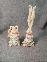 Bunny Long Eared Rabbit Figurines 2 Resin Wood Carved Look Painted Easter Decor - £9.62 GBP