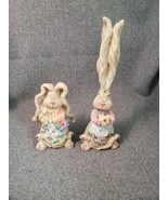 Bunny Long Eared Rabbit Figurines 2 Resin Wood Carved Look Painted Easte... - £9.49 GBP