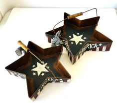 2 July 4 Star-shaped Metal Trays Rustic Red White Blue Patriotic America Handles - £26.43 GBP