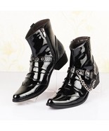 Fashion Forward Pointed Toe Men Black Ankle Boot Trending Buckle Patent ... - £74.94 GBP