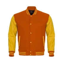 Bomber Varsity Letterman Baseball Jacket Orange Body Yellow Leather Sleeves - $95.98