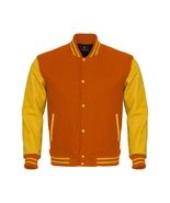 Varsity Jacket Letterman Jacket Orange Body Yellow Leather Sleeves - £65.79 GBP+