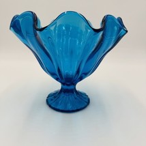 MCM L E Smith Glass Pedestal Peacock Blue Bowl With Ruffled Rim Rippled ... - $58.50