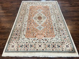 Indian Oriental Rug 6x9 Wool Hand Knotted Vintage Carpet Salmon &amp; Ivory - £1,691.88 GBP