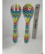 Melamine Plastic Salad Servers Spoon &amp; Fork Chevron Multicolor - $16.80