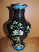 Vintage Cloisonne 9+&quot; Vase Copper Enamel Stone Black floral Antique China - $786.56 MXN