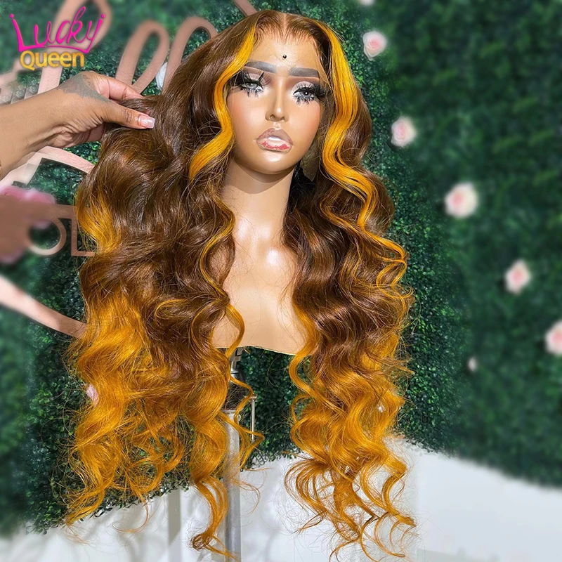 Ombre Yellow Brown Loose Wave 13X6 Frontal Wig Transparent Lace Front Wi... - £90.83 GBP+