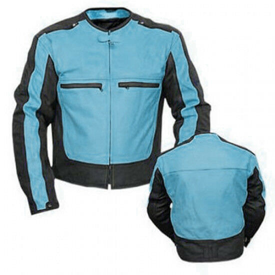 Men Blue Black Contrast Motor Bike Genuine Real Leather Safety Pads Jacket