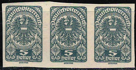 AUSTRIA 1920 Very Fine MNH Imperf. Strip of 3 Stamps Scott # 228 - £0.88 GBP
