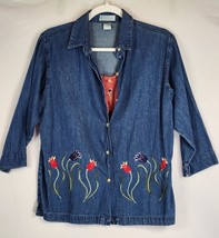Dress Barn Womens Floral Embroidered 3/4 Sleeve Denim Shirt Size Small - £15.78 GBP