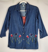 Dress Barn Womens Floral Embroidered 3/4 Sleeve Denim Shirt Size Small - £15.68 GBP