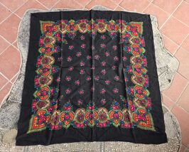 Vintage Eastern European black floral scarf, woolen vintage headscarf, 1... - $30.00