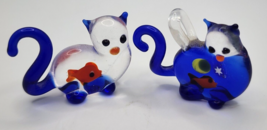 Vintage Pair Murano Art Glass Blue Clear 1&quot; T Cat Figurines Belly Scene ... - £39.86 GBP