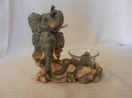 Resin Elephant Heads on Rocks Tea Light Candle Holder, Gray &amp; Brown Tones - £35.96 GBP