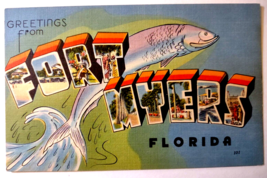 Greetings From Fort Myers Florida Large Letter Linen Postcard Tichnor Big Fish - £10.01 GBP