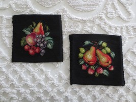 PAIR Completed FRUITS NEEDLEPOINT on BLACK - Approx. 8-1/2&quot; x 8-1/2&quot; ea. - $20.00