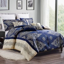 HIG 7 Pieces Jacquard Floral Comforter Set Blue Block Patchwork Bed in Bag - £46.03 GBP+
