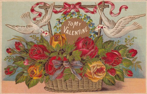 To My Valentine Doves Basket Roses Postcard E06 - $2.96