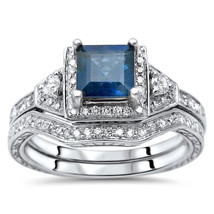 2.60Ct Princess Blue Cubic Zirconia 925 Sterling Silver Vintage Style Ring Set - £90.51 GBP