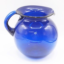 Blenko Glass Pitcher Cobalt Blue Small Ball Style Round Applied Handle - $128.33