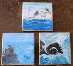 Oregon Coast Sea Lions Segulls Hand Painted By Ormond 2005 4.25x4.25 Tri... - $52.96