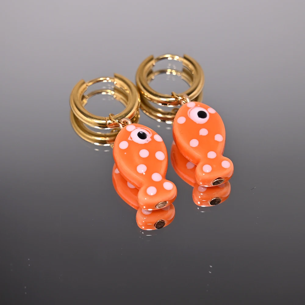 Ceramic Fish Pendant Golden Stainless Steel Hoop Earrings for Women 25xh... - $5.16