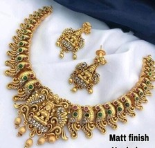 Indian Bollywood Style Matt Gold Plated Necklace Temple Goddess CZ Jewelry Set - £30.55 GBP