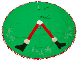 Tree Skirt Holly Jolly Santa Legs Christmas 54in Across Round Green Felt - £15.69 GBP