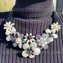 Flowery White/Gray 20&quot; Ethnic Handmade Freshwater Pearls &amp; Craved Shells Choker  - £85.73 GBP