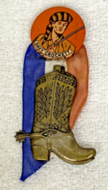 Vintage Orange Davy Crockett Frontiersman Ribbon Boot Pinback Pin - $28.22