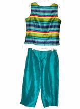 Jaquline Metallic Teal Capri Pants &amp; Striped Top Set Size L Top/XL Pants  - £44.96 GBP