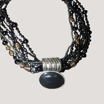 Necklace Multi-Strand Black Beaded Stone Silver Tone Accents Long Adjust... - $18.70