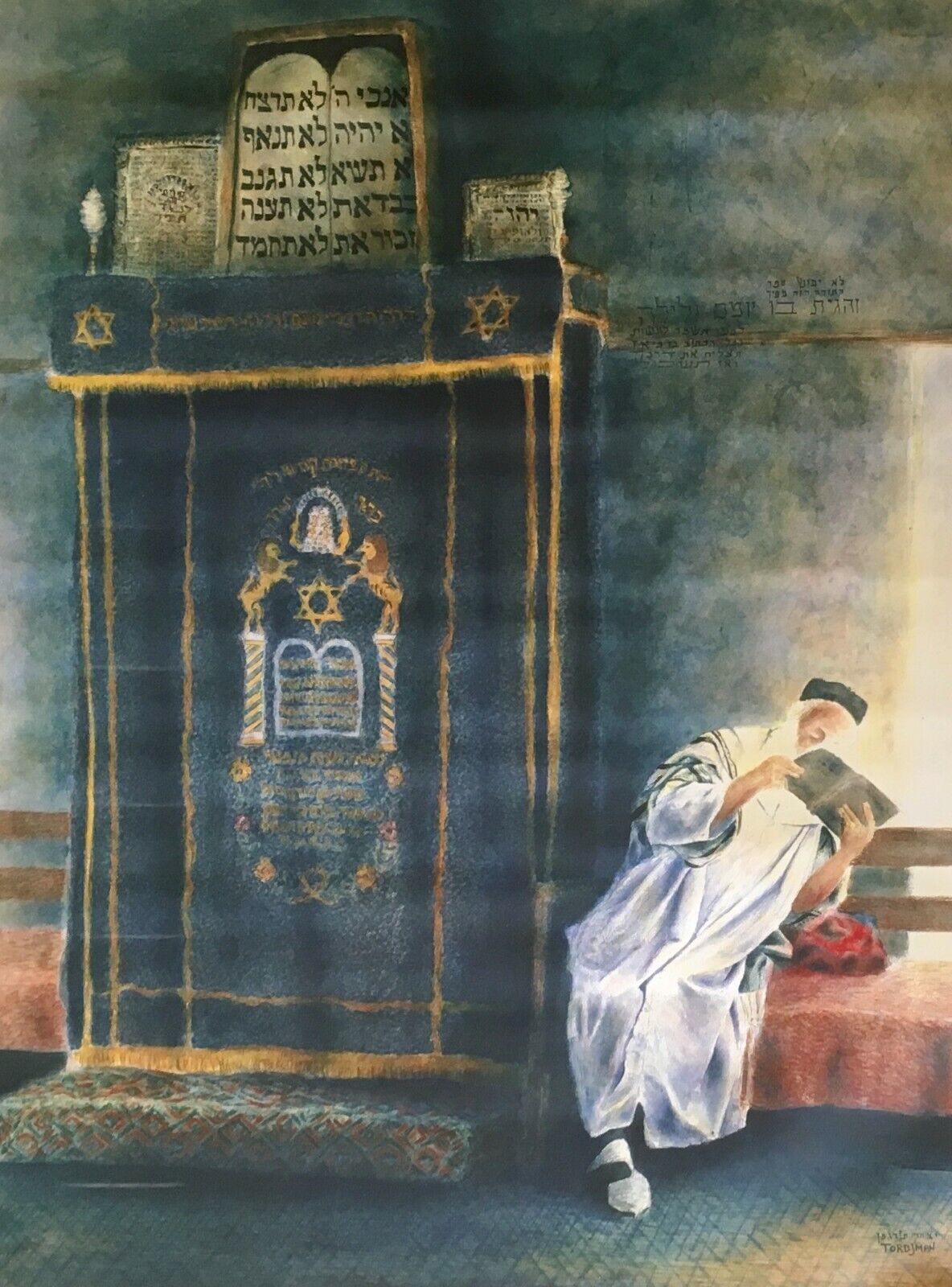 ITZHAK TORDJMAN &quot;RABBI STUDYING&quot; MIXED MEDIA ORIGINAL ON CANVAS H/S COA ... - $895.50