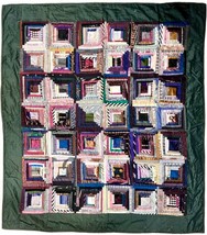 Vintage Antique Hand Made Log Cabin Quilt Silk 52&quot; x 46&quot; Wall Hang - £78.04 GBP