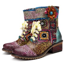 Socofy Bohemian Retro Cowgirl Boots Women Genuine Leather Splicing Spring Boots  - £107.71 GBP