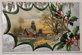 Christmas Greetings Church In Holly Leaf Glitter Decorated Postcard M22 - £4.67 GBP