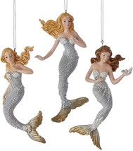 Kurt Adler Silver and Gold Under The Sea Mermaids Holiday Ornaments Set of 3 - £27.24 GBP