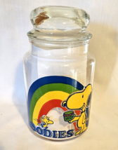 Vintage Snoopy &amp; Woodstock Rainbow Glass Goodie Snack Jar Peanuts - £19.58 GBP
