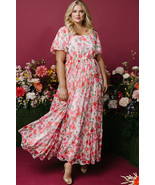 Pink Plus Size Floral Square Neck Puff Sleeve Ruffle Maxi Dress - $43.40