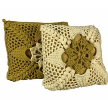 Vintage Set of 2 Crochet Throw Pillows Handmade Yellow &amp; Green Granny Square MCM - $46.55