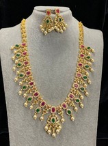 Gold Plated Bollywood Style Indian CZ Ruby Emerald Necklace Earrings Jewelry Set - £54.08 GBP