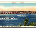 Battleships In Elliott Bay Harbor Seattle Washington WA UNP Linen Postca... - $3.91