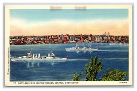 Battleships In Elliott Bay Harbor Seattle Washington WA UNP Linen Postcard N24 - £3.06 GBP