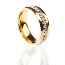 Golden Stainless Steel Rhinestone Band Ring - New - Size 9 - £13.36 GBP