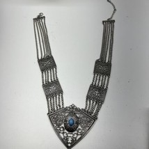 Faux Silver Tone Metal Fringe Teal Stone Bib Necklace - $15.79